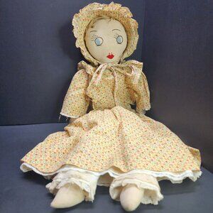 Vintage Handmade Cloth Rag Prairie Girl Doll 21'' with Floral Yellow Dress